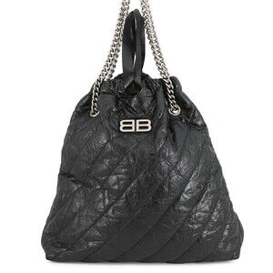 Balenciaga Chain Shoulder Bag Logo Crushed Quilted Calf Leather Black